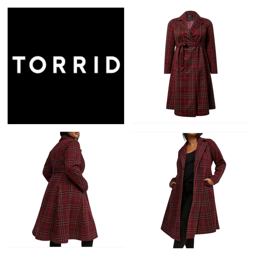 Torrid Red Plaid Belted Coat